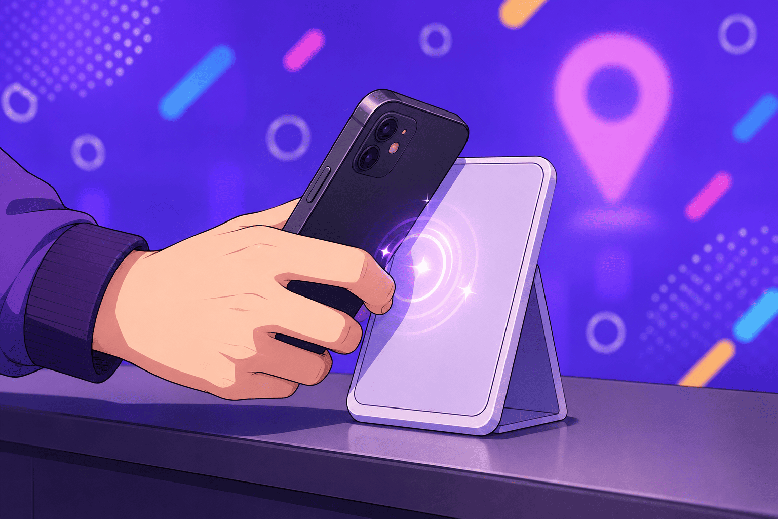スマホをNFCタグにかざして位置と時刻を照合する様子