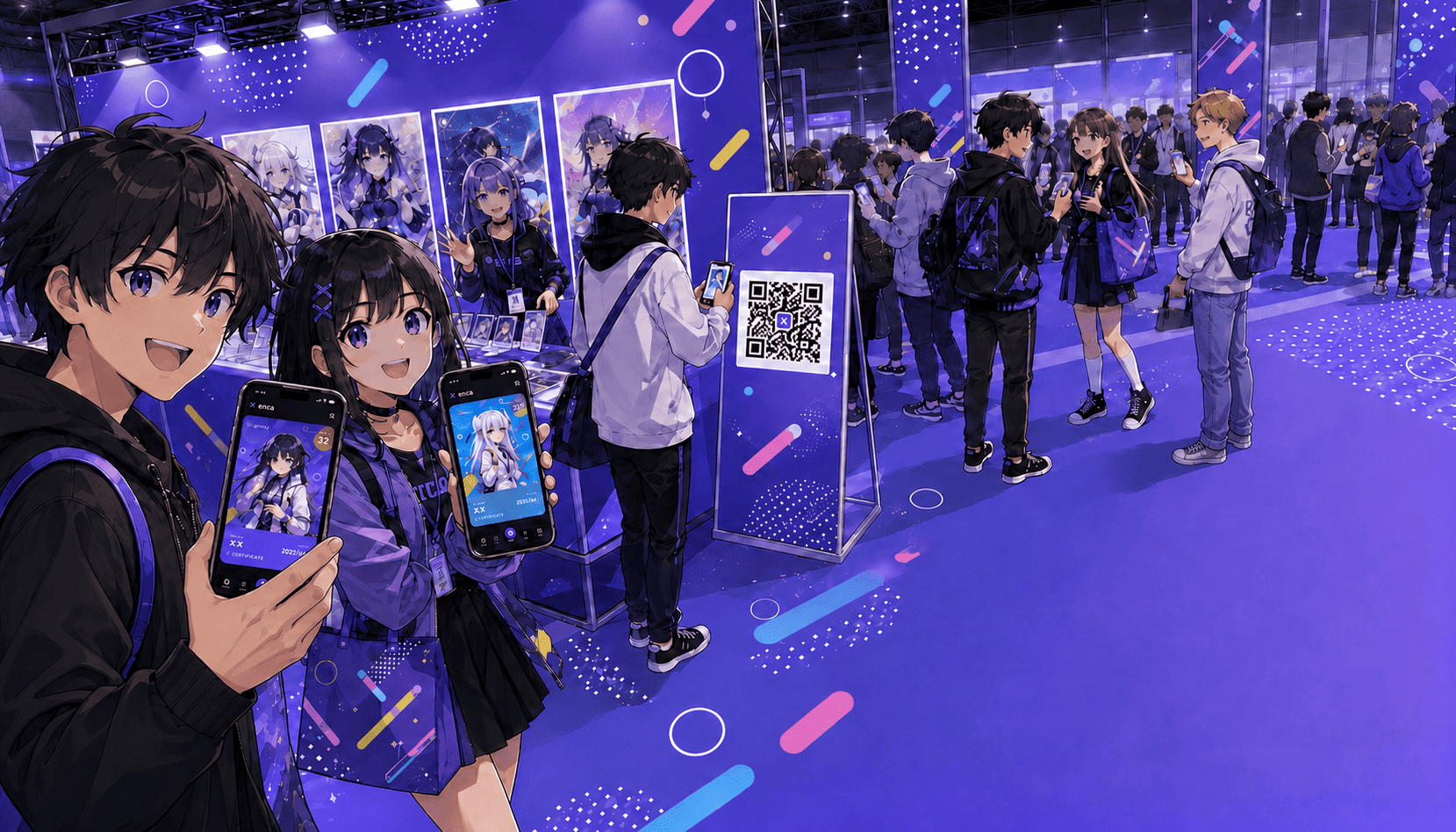 イベント会場でエンカカードを見せ合い、QRから参加する来場者たち
